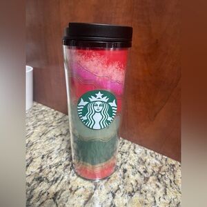 Starbucks Tumbler with Red, Pink, and Green Waves